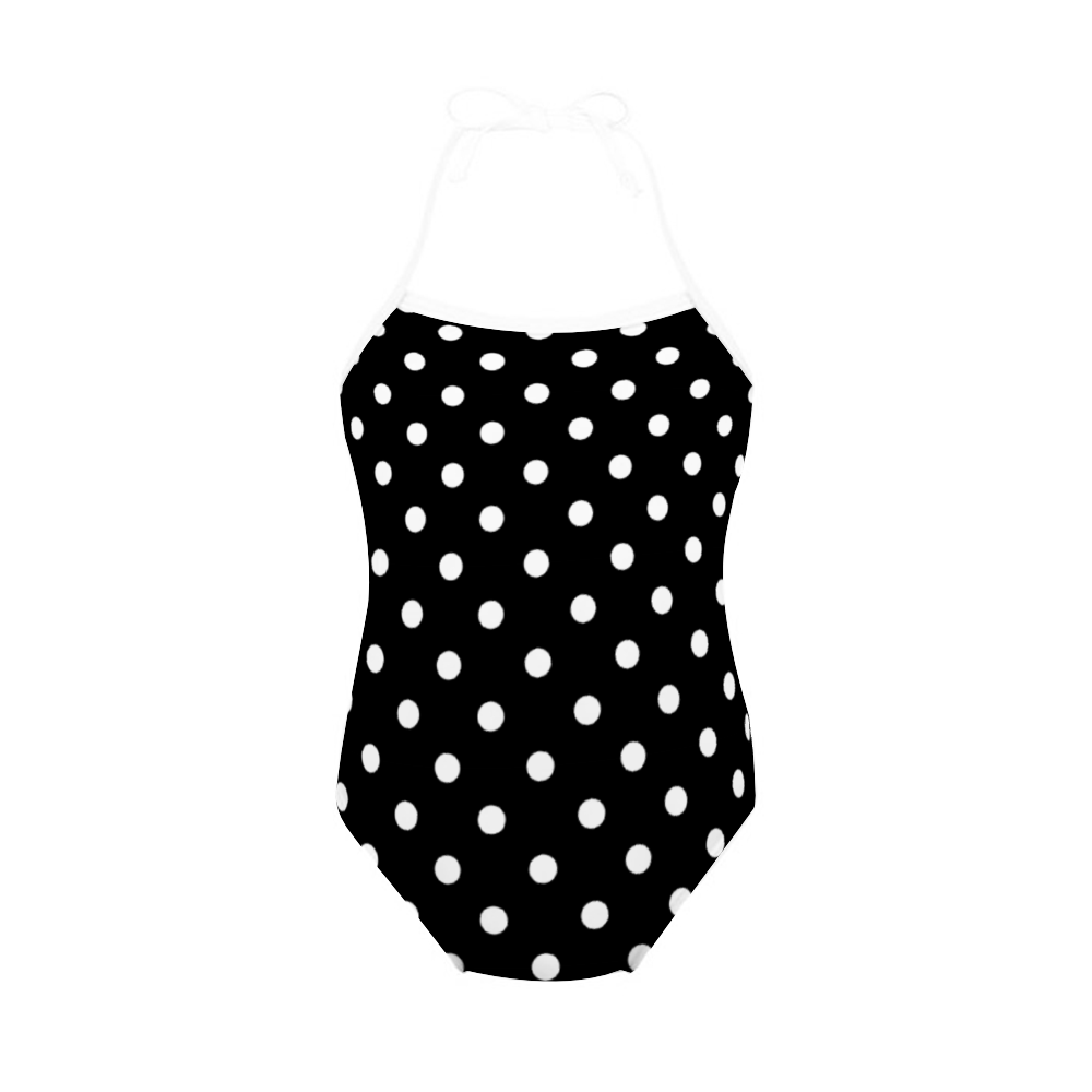 Black With White Polka Dots Girl's Halter One Piece Swimsuit
