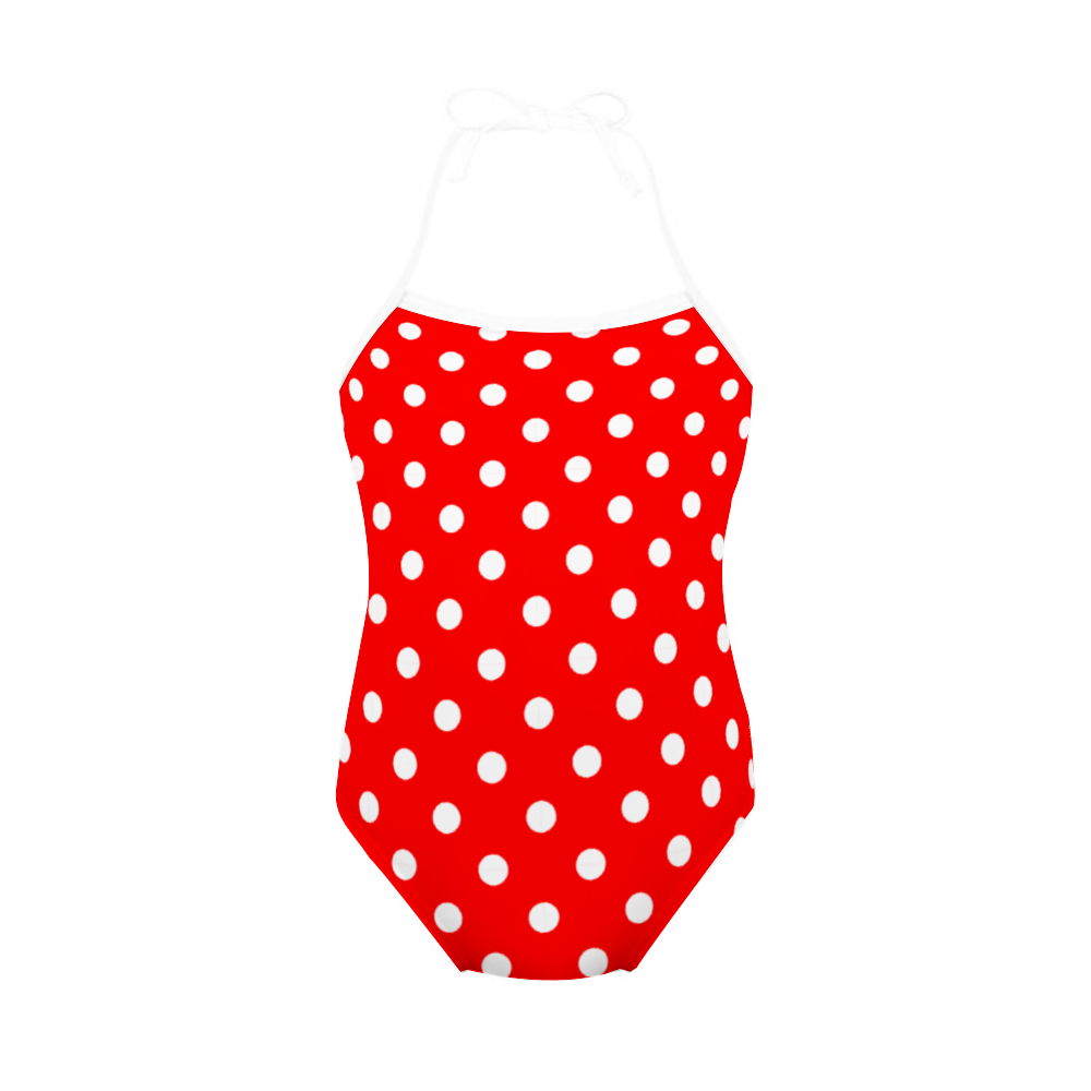 Red With White Polka Dots Girl's Halter One Piece Swimsuit