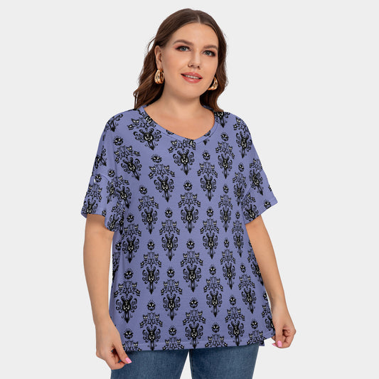 Haunted Mansion Wallpaper Women's Plus Size Short Sleeve T-shirt With Sleeve Loops