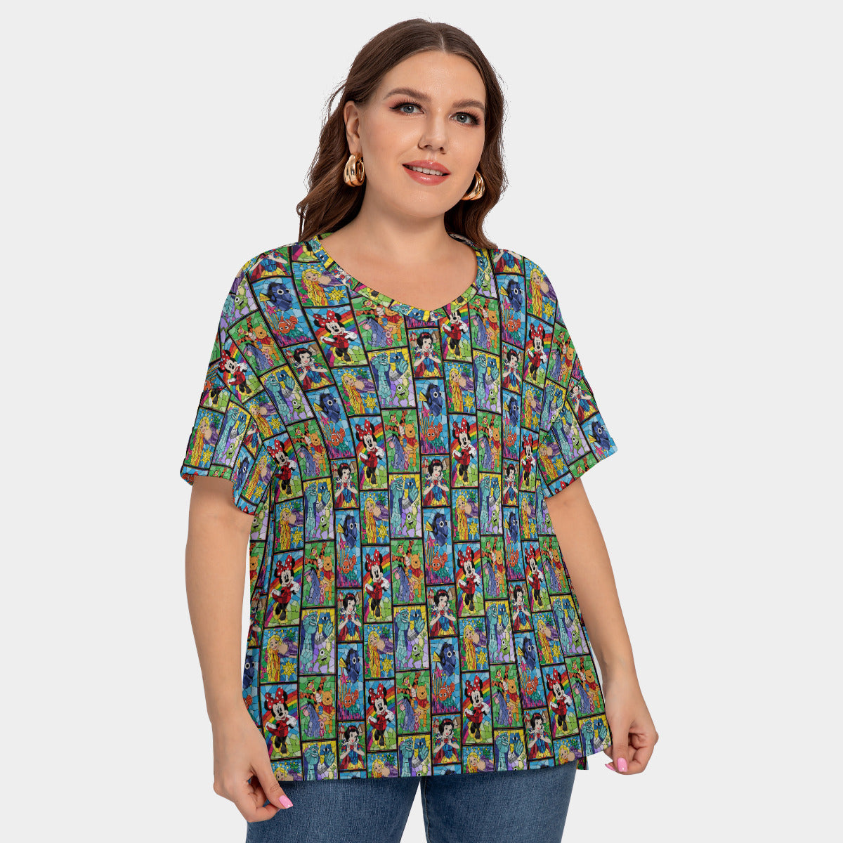 Stained Glass Characters Women's Plus Size Short Sleeve T-shirt With Sleeve Loops