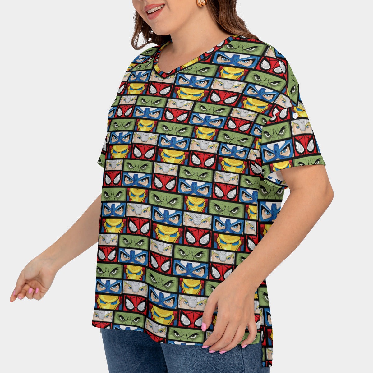 Super Heroes Eyes Women's Plus Size Short Sleeve T-shirt With Sleeve Loops