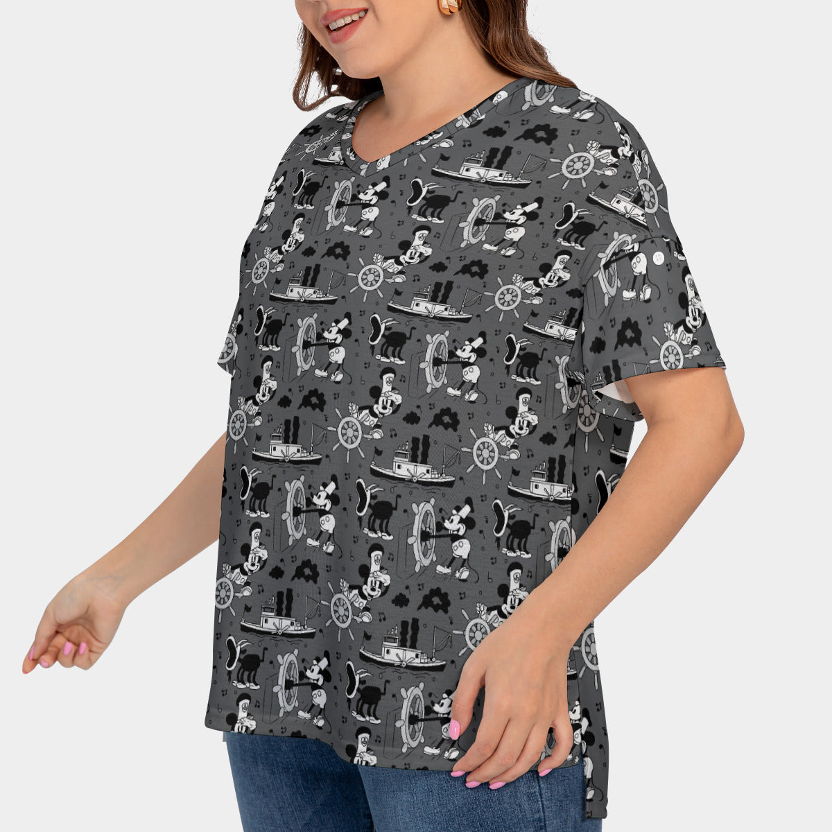 Steamboat Mickey Women's Plus Size Short Sleeve T-shirt With Sleeve Loops