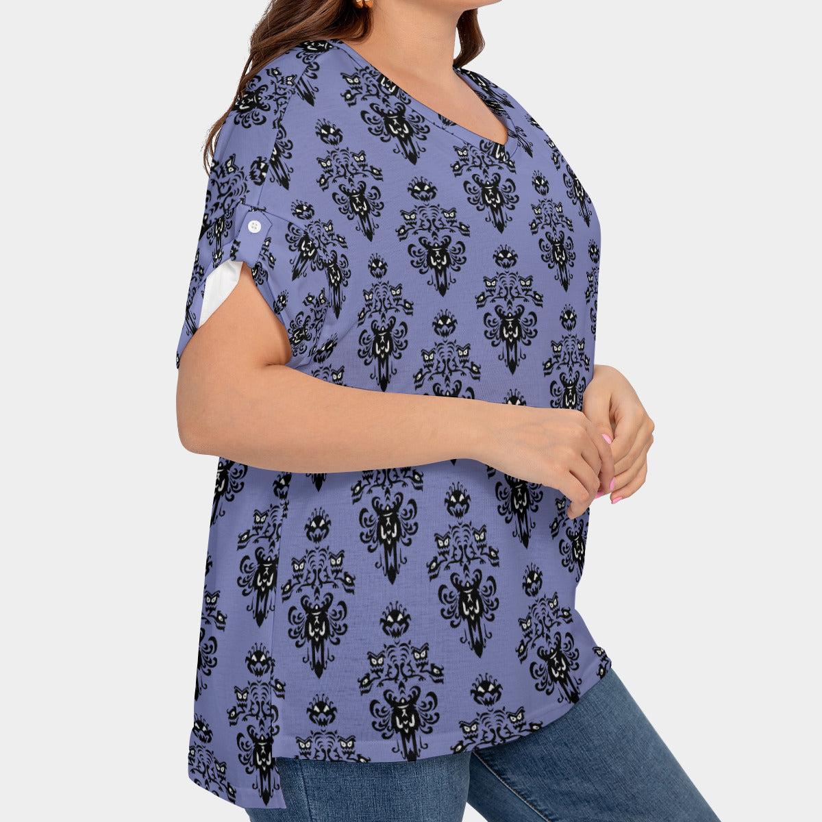 Haunted Mansion Wallpaper Women's Plus Size Short Sleeve T-shirt With Sleeve Loops