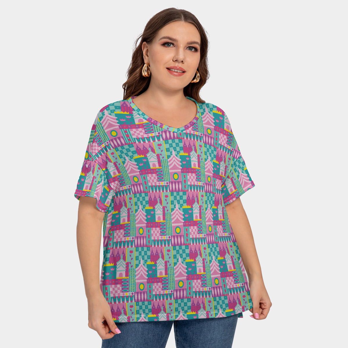 Small World Women's Plus Size Short Sleeve T-shirt With Sleeve Loops