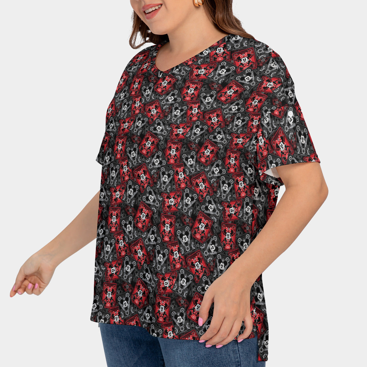 Steamboat Mickey And Minnie Cards Women's Plus Size Short Sleeve T-shirt With Sleeve Loops