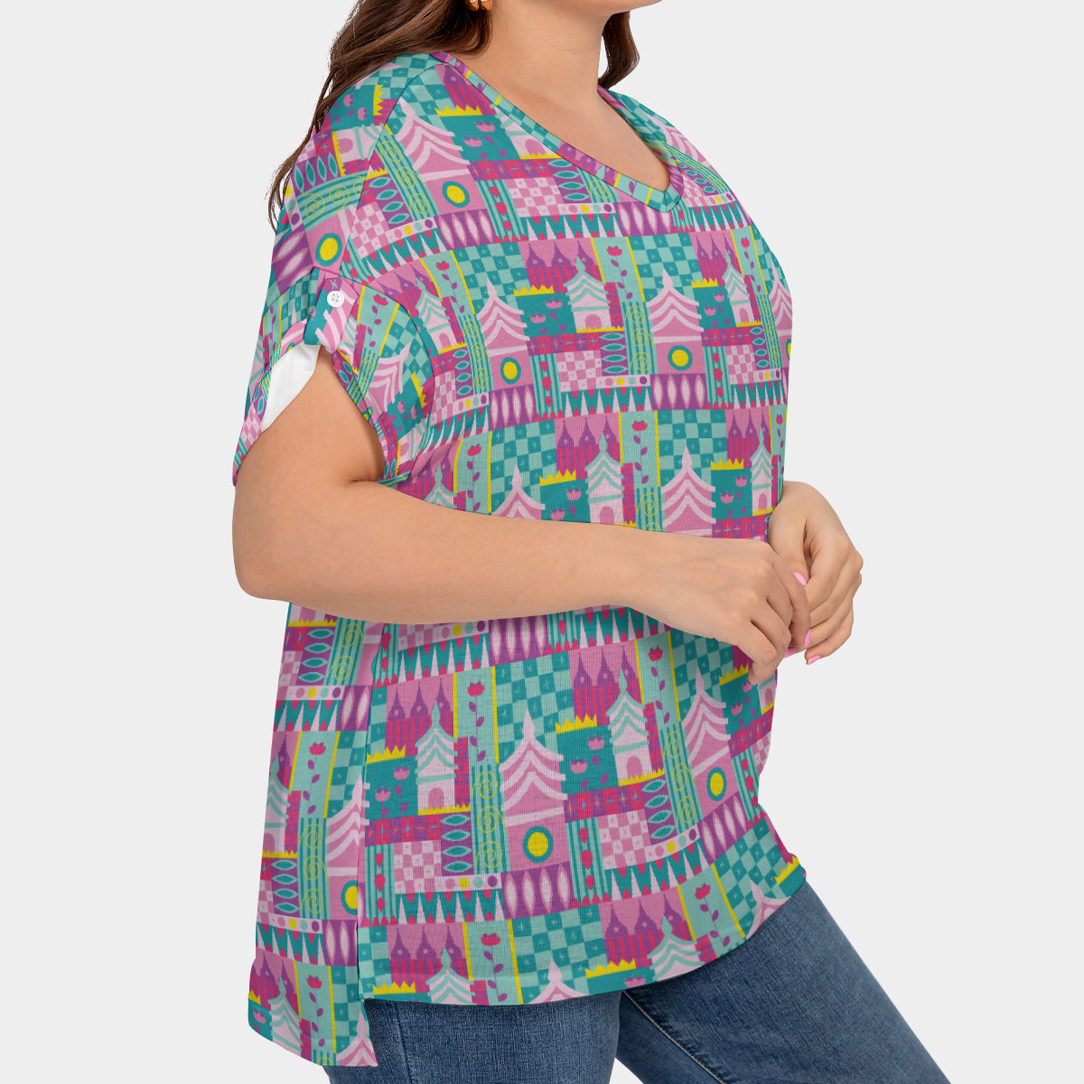 Small World Women's Plus Size Short Sleeve T-shirt With Sleeve Loops