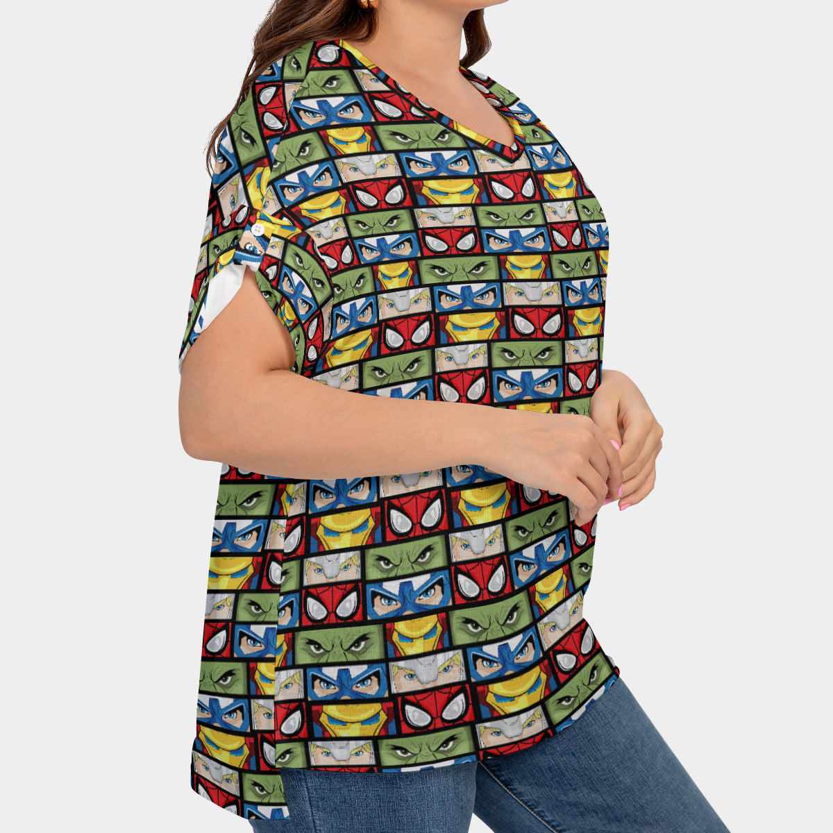 Super Heroes Eyes Women's Plus Size Short Sleeve T-shirt With Sleeve Loops