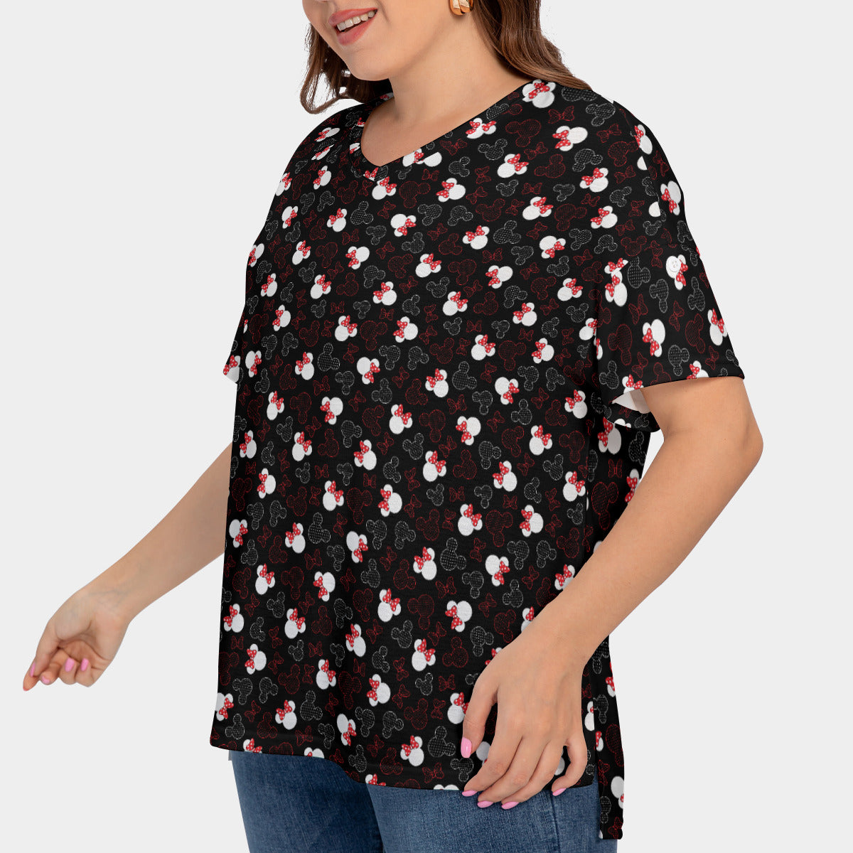 Mickey And Minnie Dots Women's Plus Size Short Sleeve T-shirt With Sleeve Loops