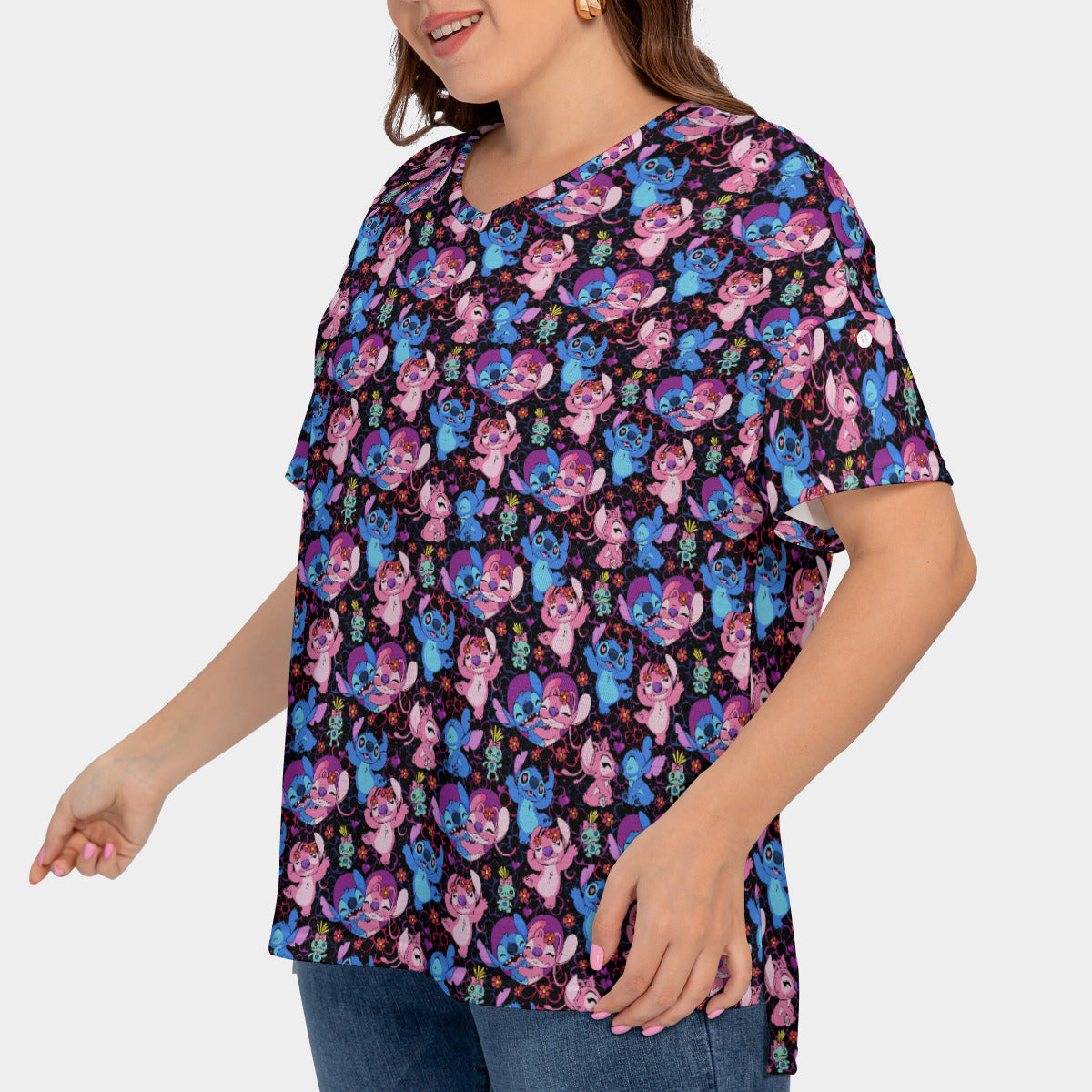 Disney Lilo And Stitch Angel Besties Women's Plus Size Short Sleeve T-shirt With Sleeve Loops