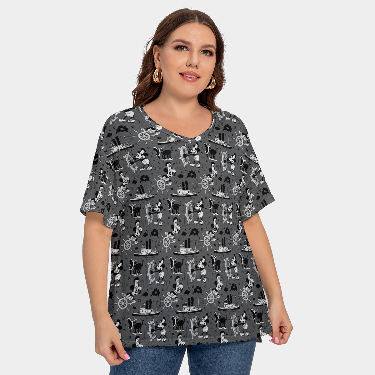 Steamboat Mickey Women's Plus Size Short Sleeve T-shirt With Sleeve Loops
