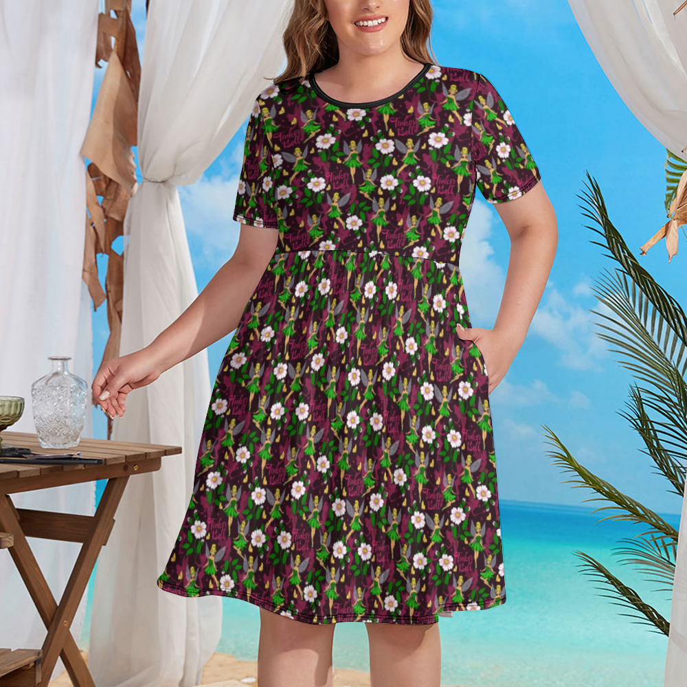 Tinker Bell Women's Round Neck Plus Size Dress With Pockets