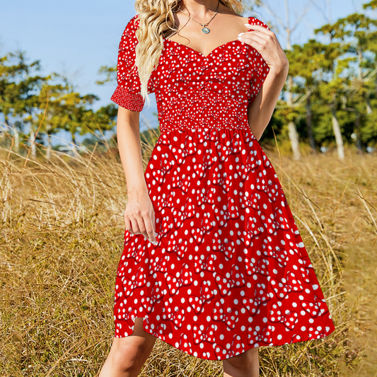 Red And White Polka Dot And Bows Women's Short Sleeve V-neck Knee-Length Dress
