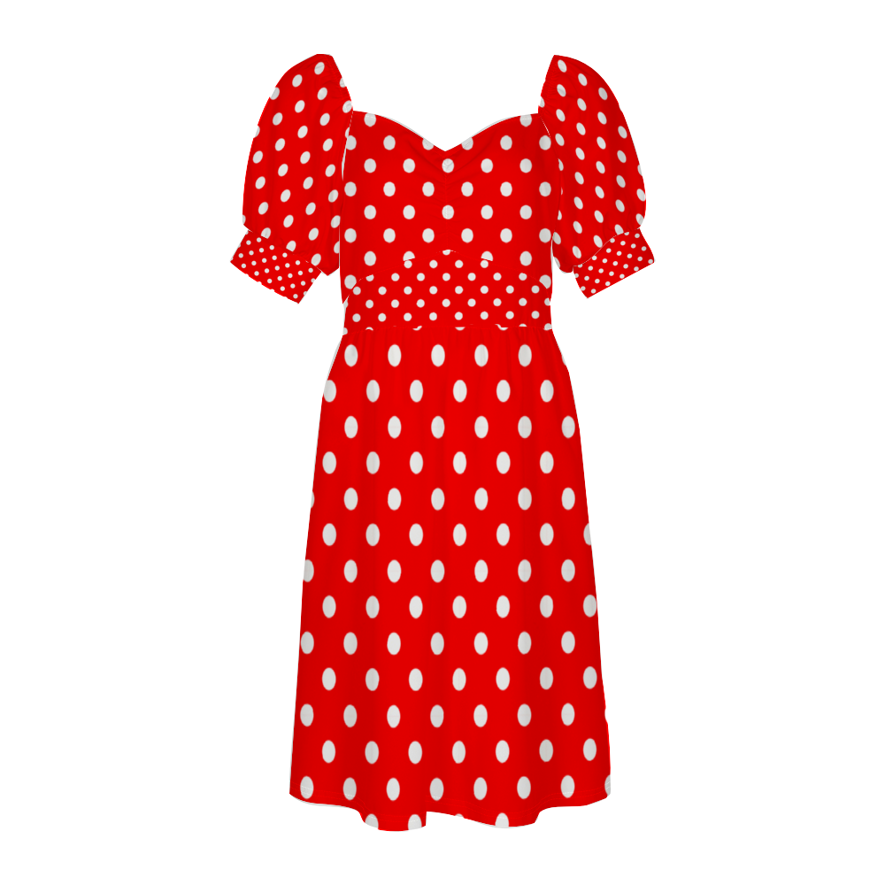 Red With White Polka Dots Women's Short Sleeve V-neck Knee-Length Dress