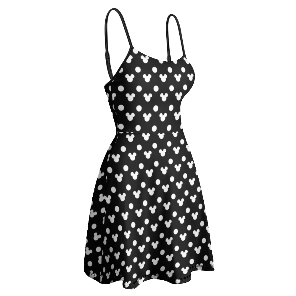 Black With White Mickey Polka Dots Women's Sling Short Dress