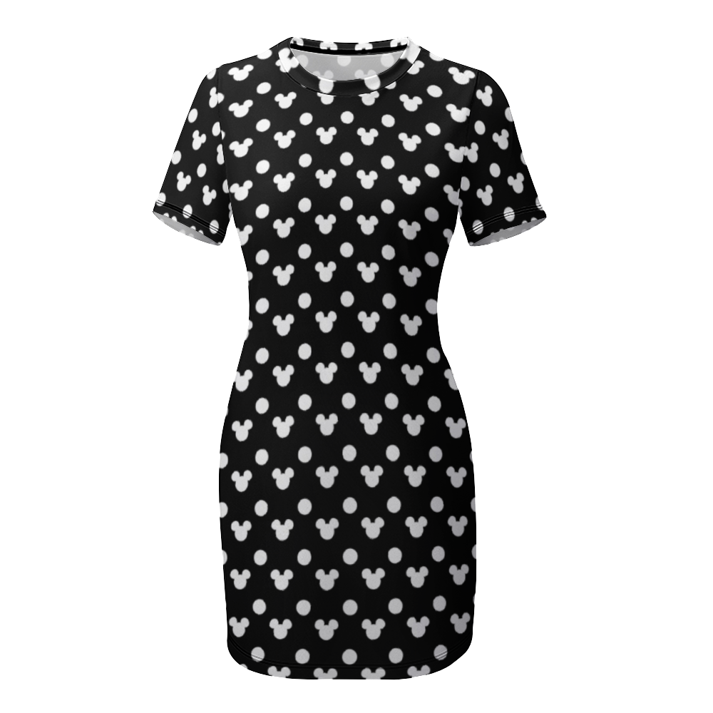 Black With White Mickey Polka Dots Women's Summer Short Dress