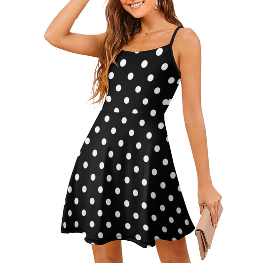Black With White Polka Dots Women's Sling Short Dress