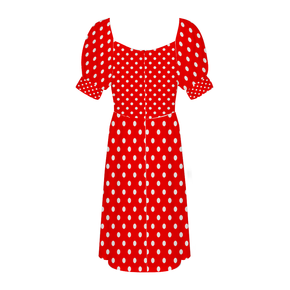 Red With White Polka Dots Women's Short Sleeve V-neck Knee-Length Dress