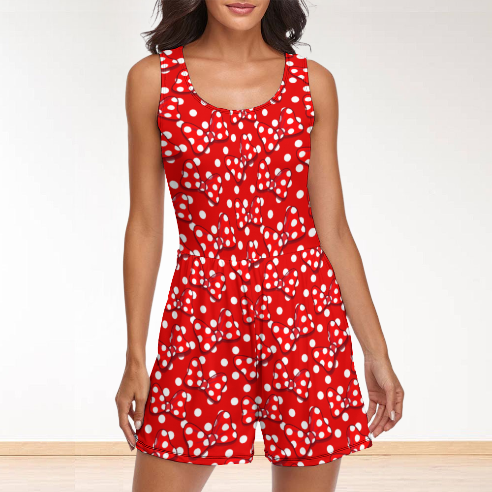 Red With White Polka Dot And Bows Women's Sleeveless Jumpsuit Romper With Pockets