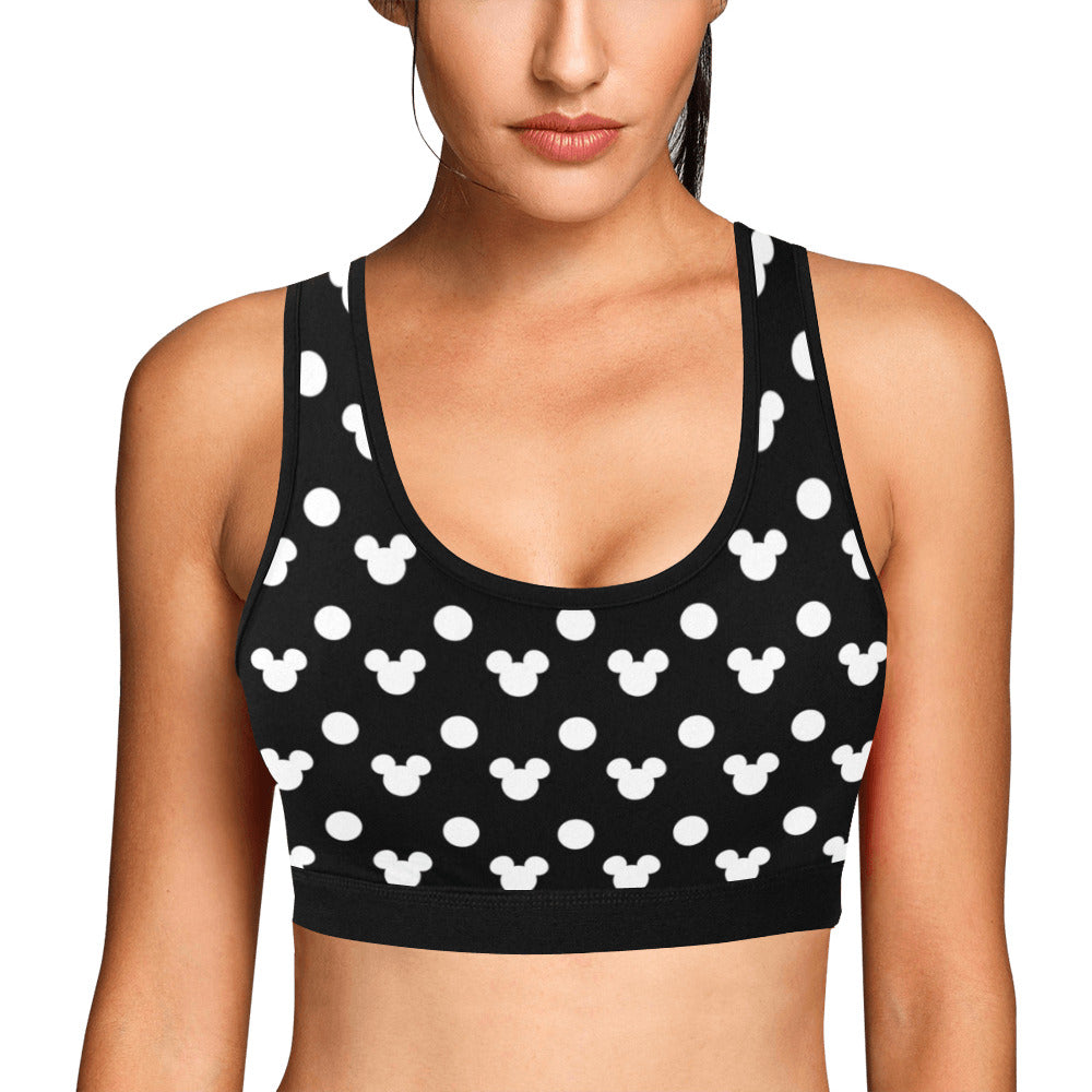 Black With White Mickey Polka Dots Women's Sports Bra