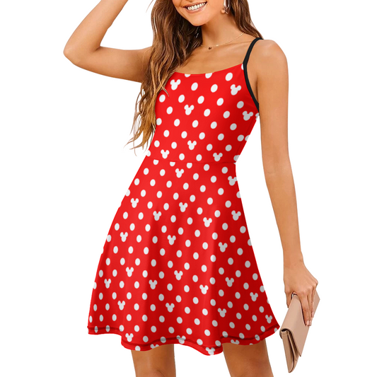 Red With White Mickey Polka Dots Women's Sling Short Dress
