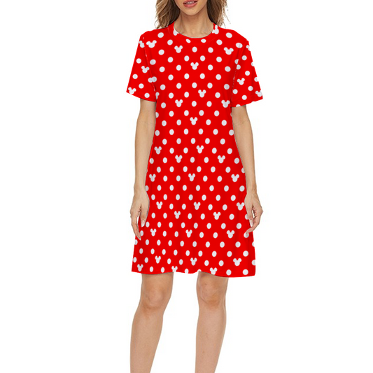 Red With White Mickey Polka Dots Short Sleeved Dress