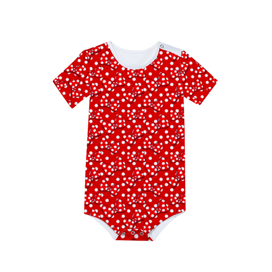 Red With White Polka Dot And Bows Baby's Short Sleeve Romper Jumpsuit
