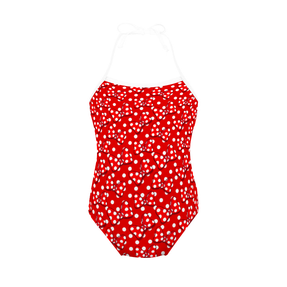 Red With White Polka Dot And Bows Girl's Halter One Piece Swimsuit