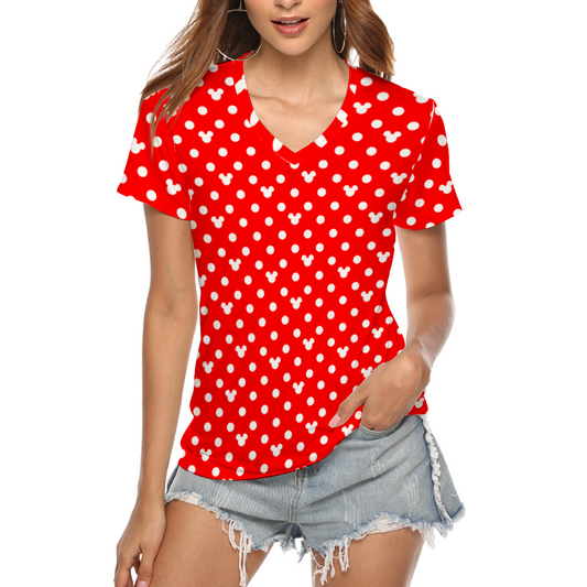 Red With White Mickey Polka Dots Women's V-Neck T-Shirt