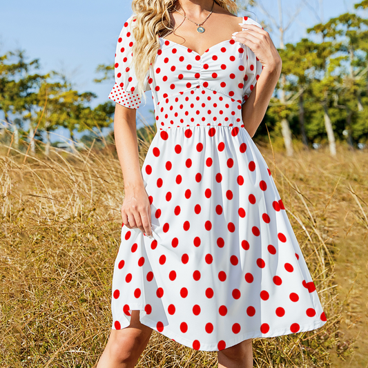 White With Red Polka Dots Women's Short Sleeve V-neck Knee-Length Dress