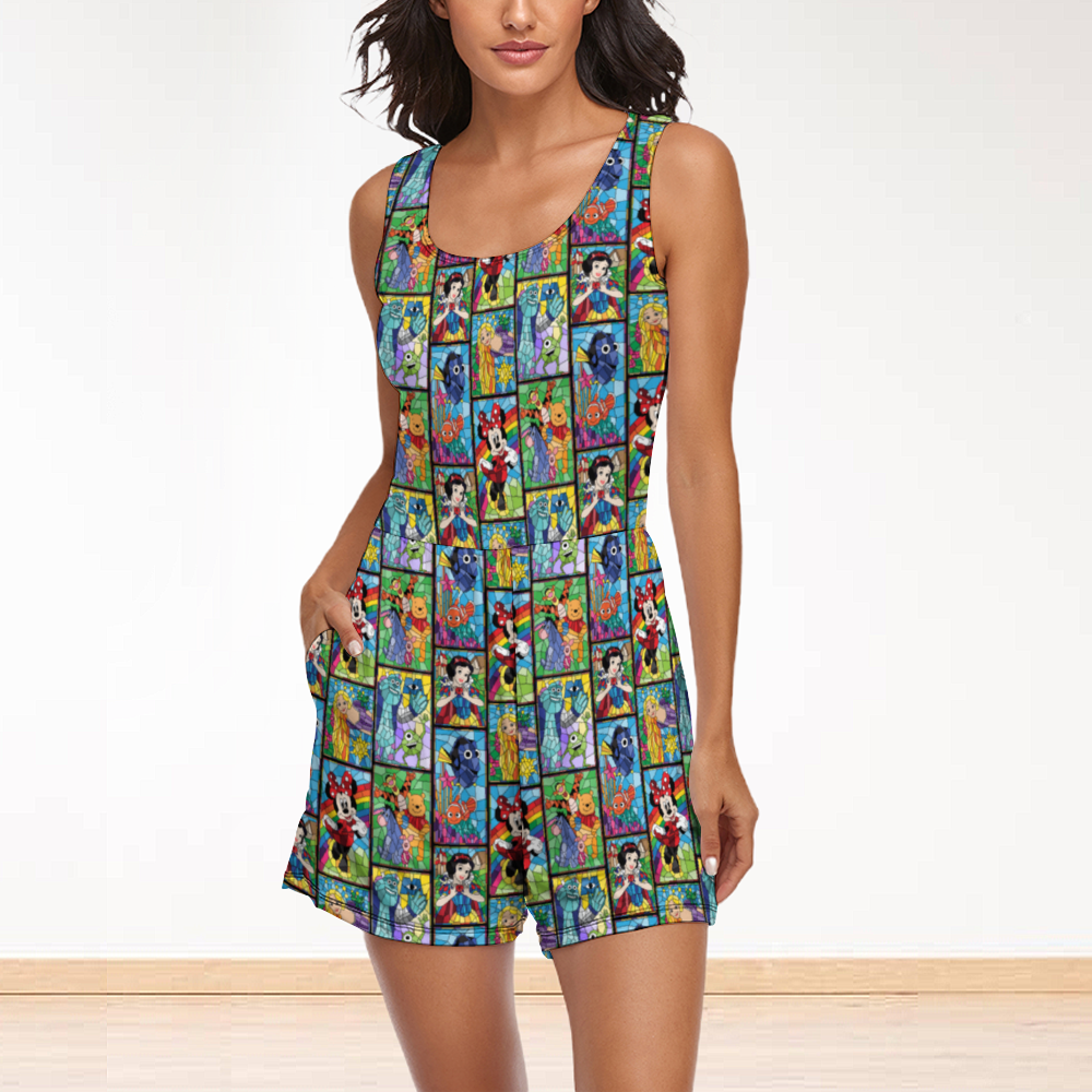 Stained Glass Characters Women's Sleeveless Jumpsuit Romper With Pockets