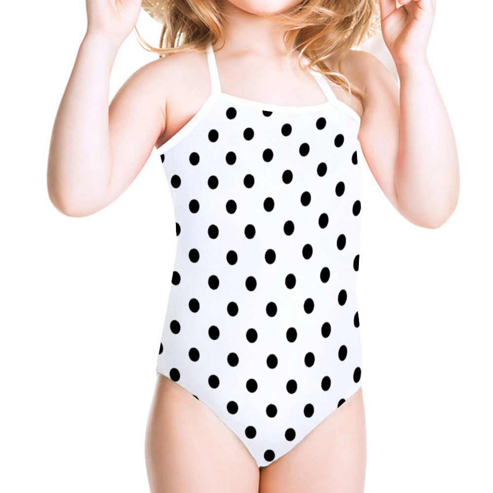 White With Black Polka Dots Girl's Halter One Piece Swimsuit