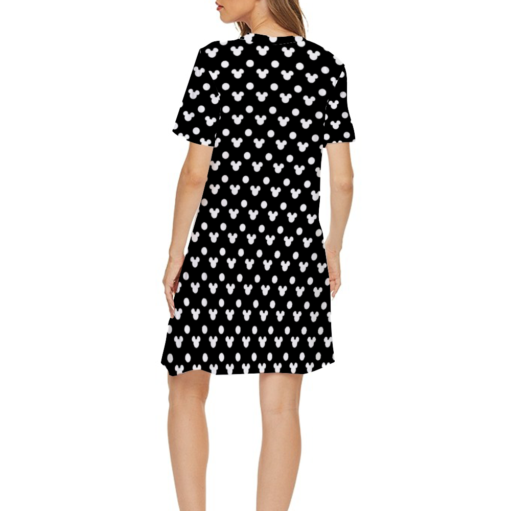 Black With White Mickey Polka Dots Short Sleeved Dress