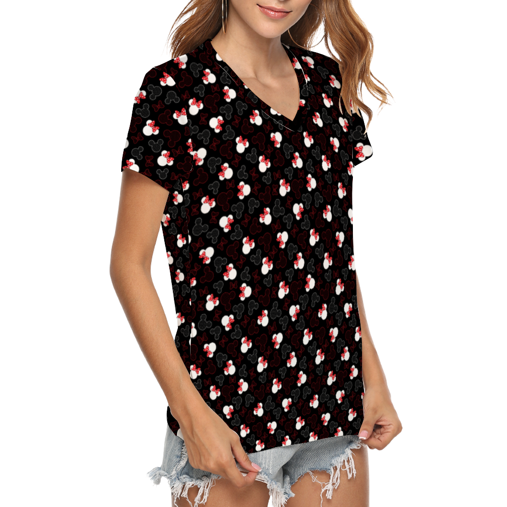Mickey And Minnie Dots Women's V-Neck T-Shirt