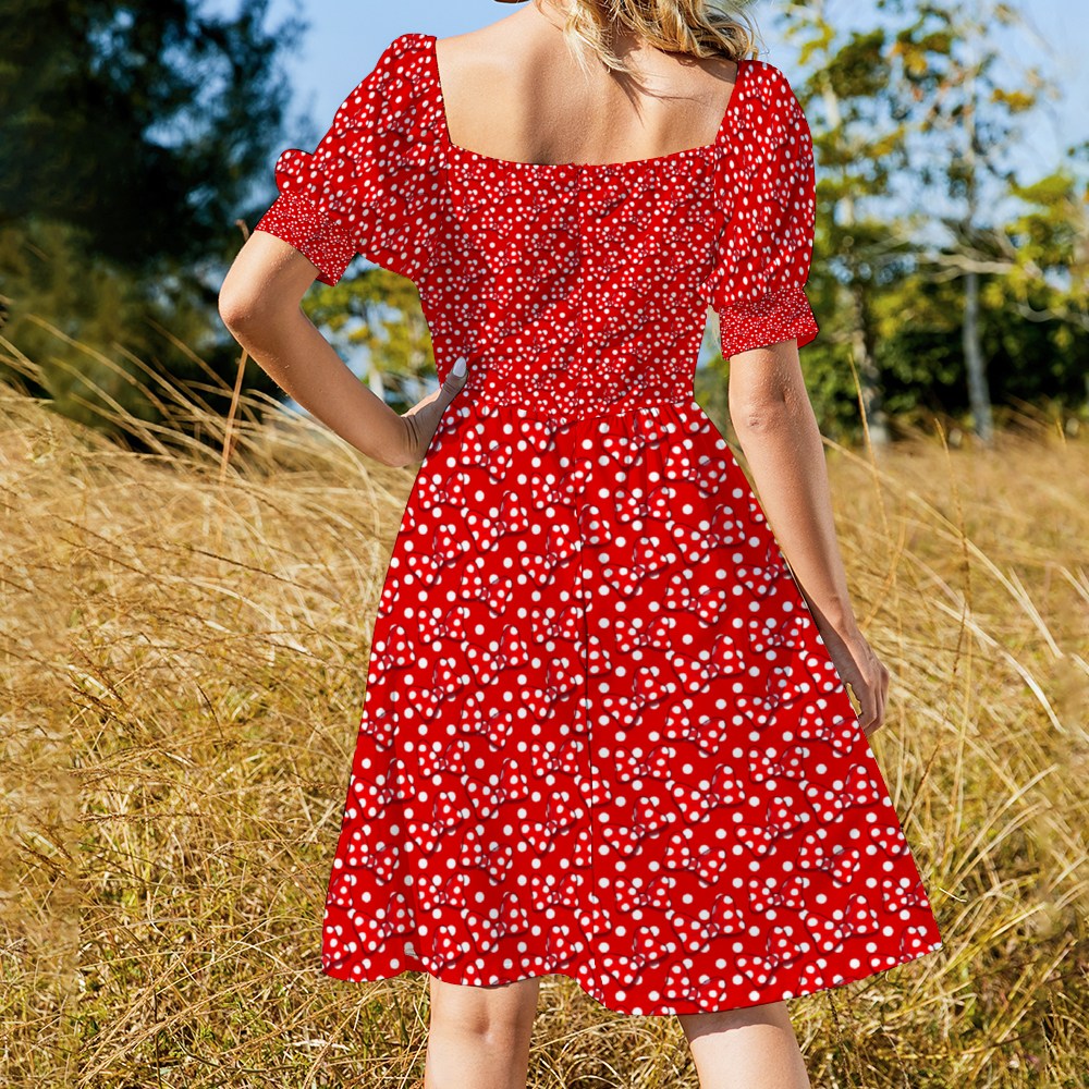 Red And White Polka Dot And Bows Women's Short Sleeve V-neck Knee-Length Dress