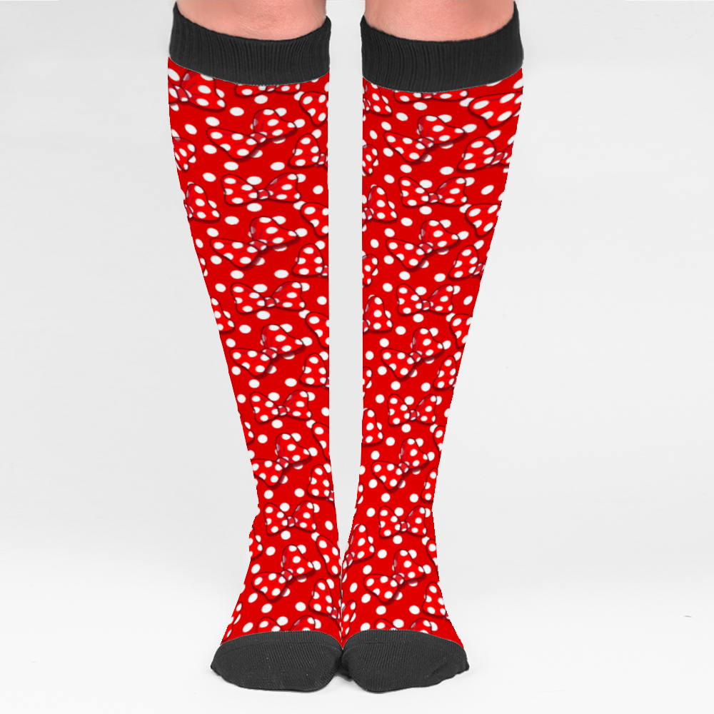 Red And White Polka Dot With Bows Over Calf Socks