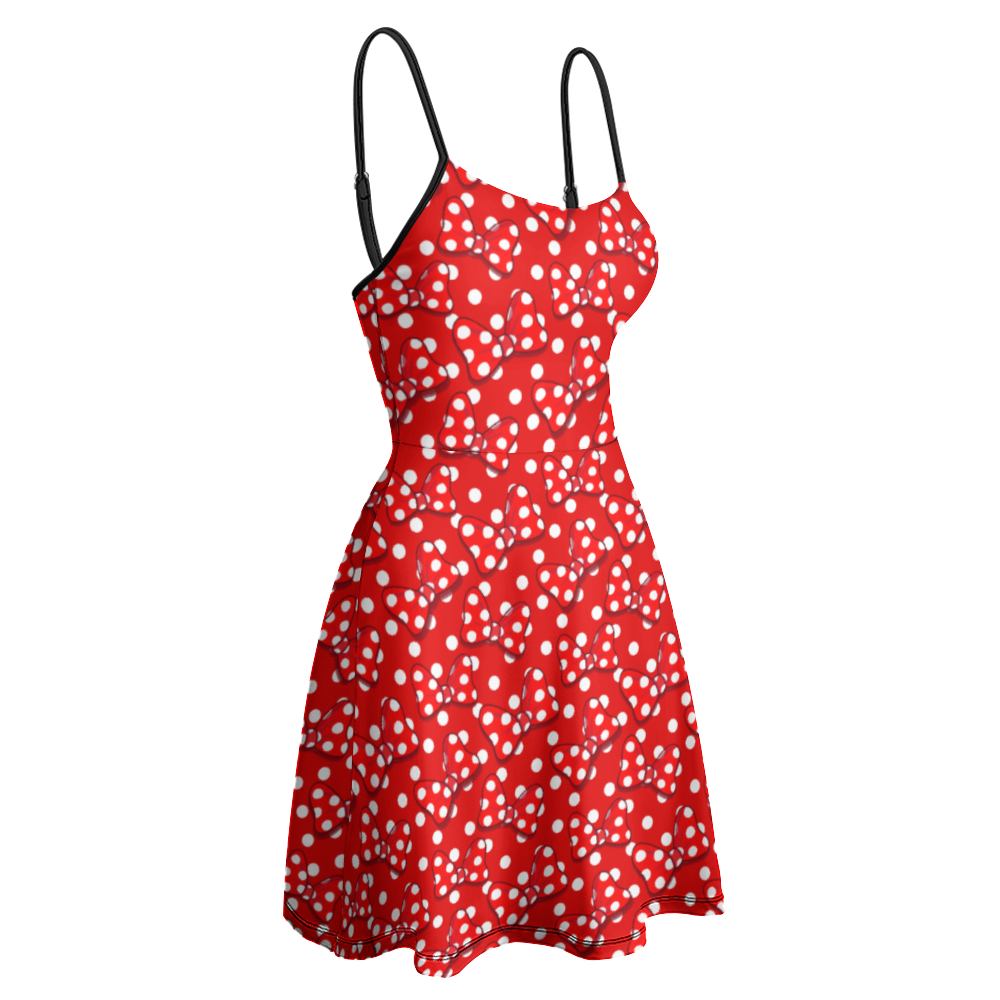 Red With White Polka Dot And Bows Women's Sling Short Dress