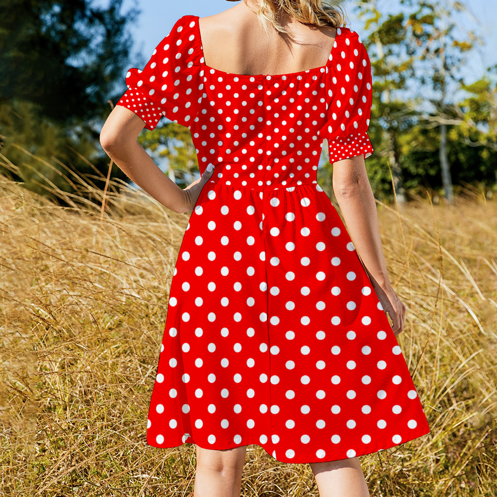 Red With White Polka Dots Women's Short Sleeve V-neck Knee-Length Dress