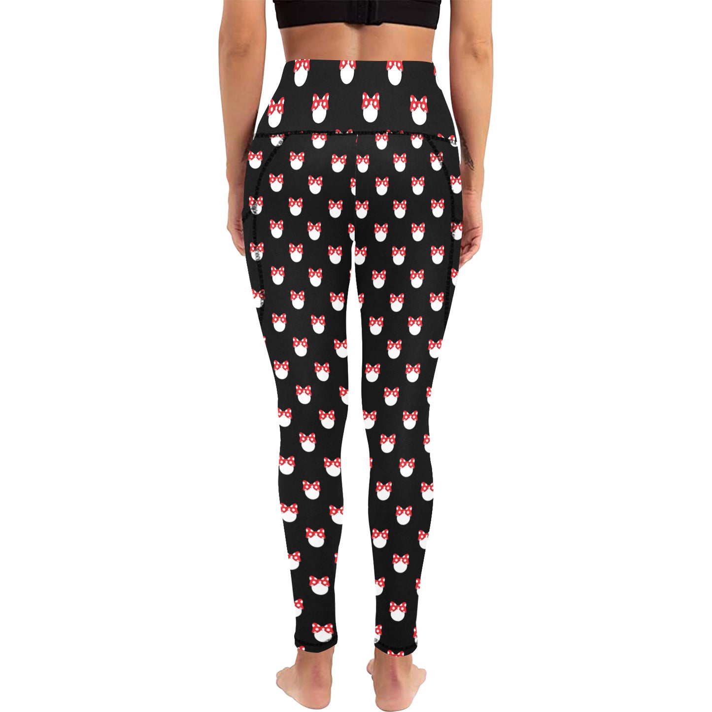 White Polka Dot Red Bow Women's Athletic Leggings With Pockets