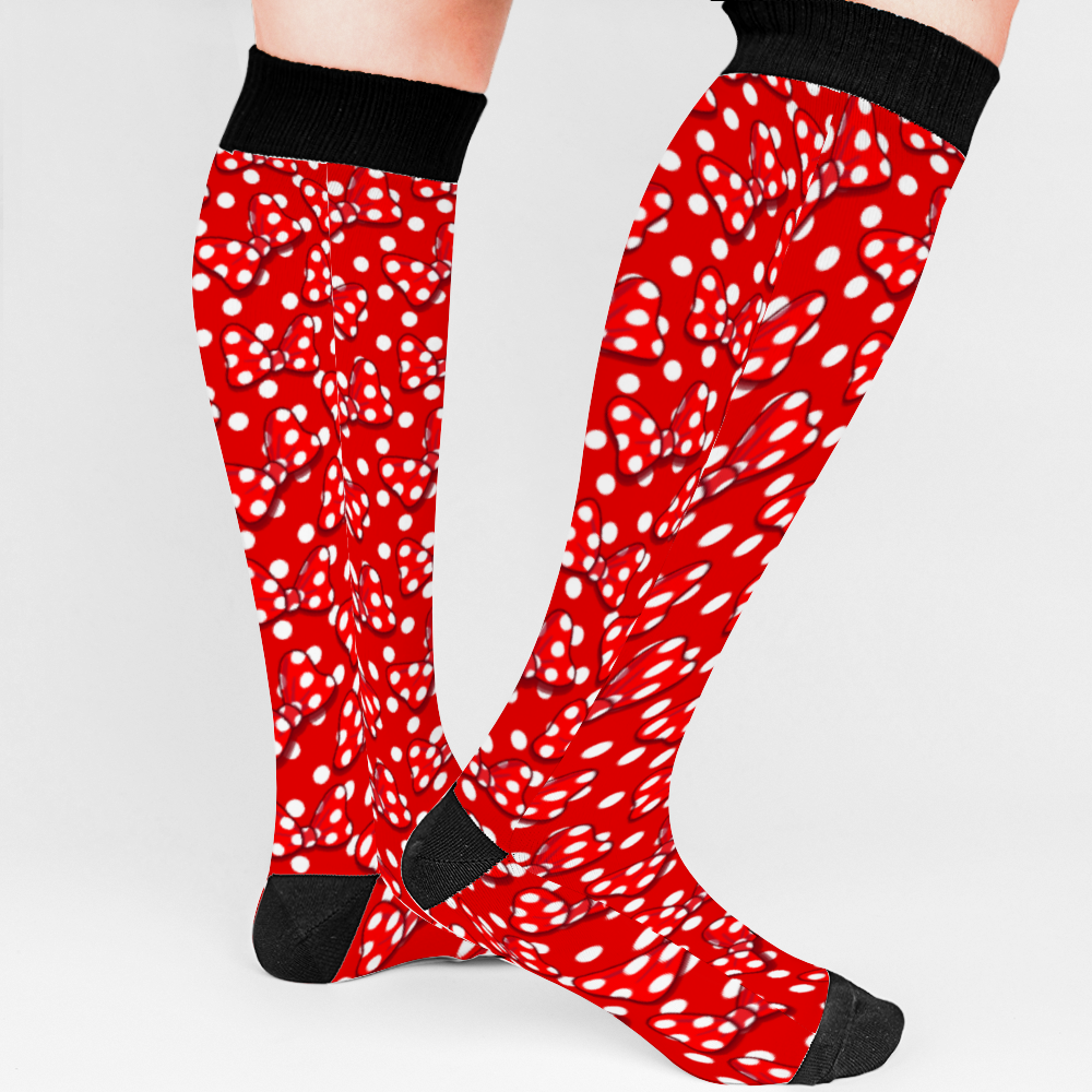 Red And White Polka Dot With Bows Over Calf Socks