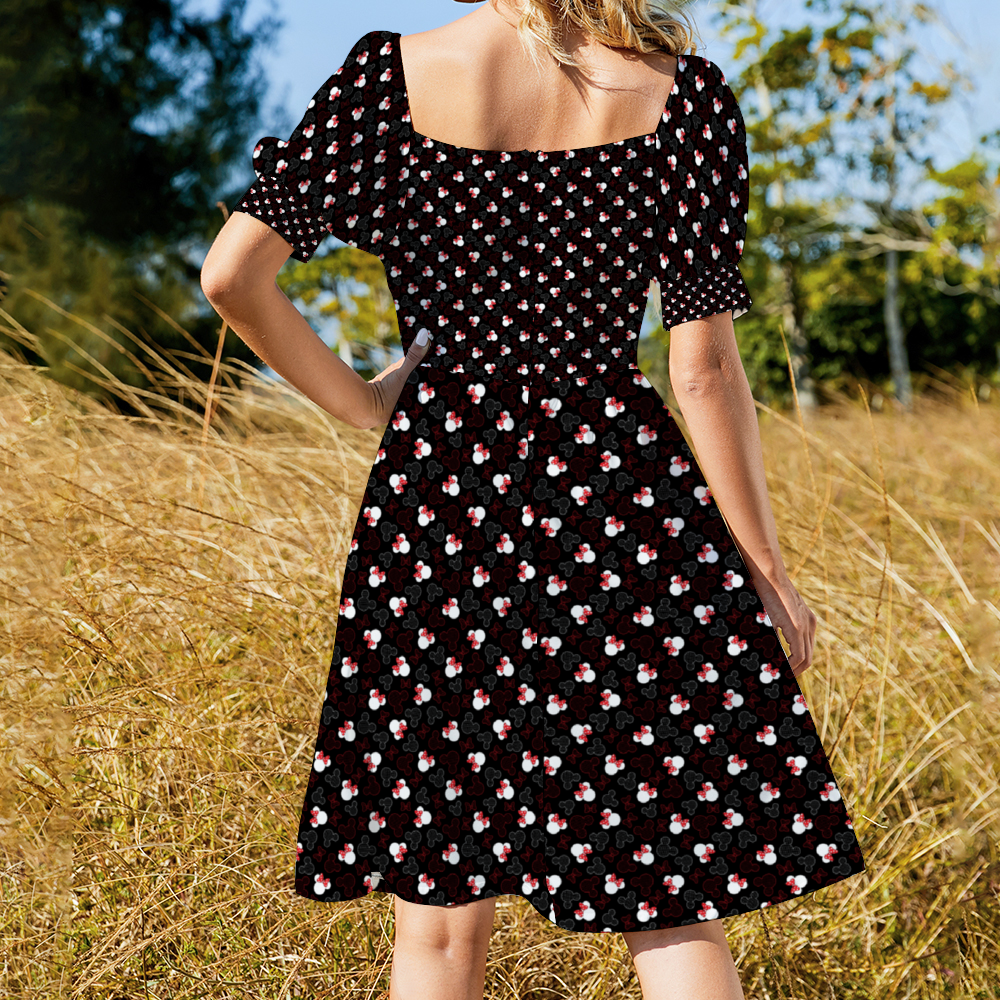 Mickey And Minnie Dots Women's Short Sleeve V-neck Knee-Length Dress