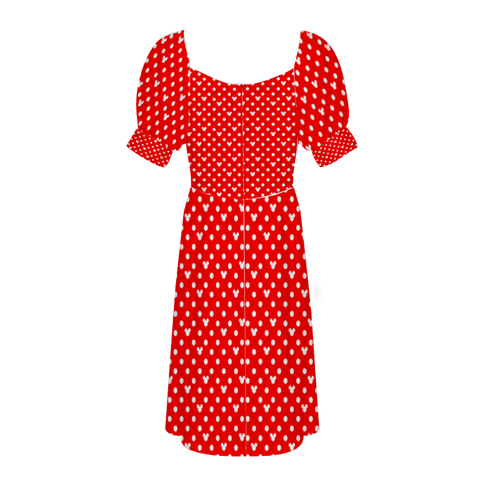 Red With White Mickey Polka Dots Women's Short Sleeve V-neck Knee-Length Dress