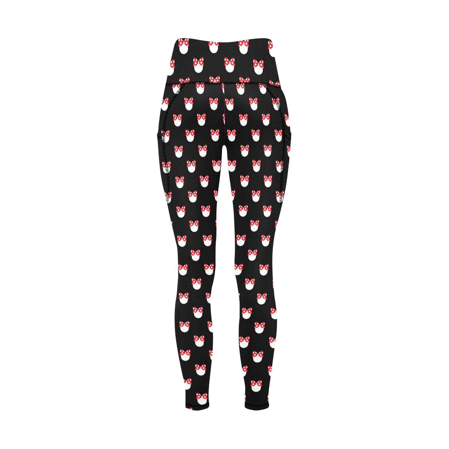 White Polka Dot Red Bow Women's Athletic Leggings With Pockets