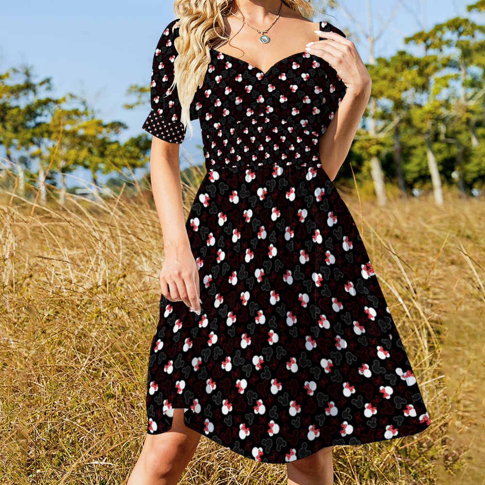 Mickey And Minnie Dots Women's Short Sleeve V-neck Knee-Length Dress