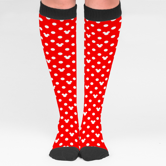 Red With White Mickey Polka Dots Over Calf Socks