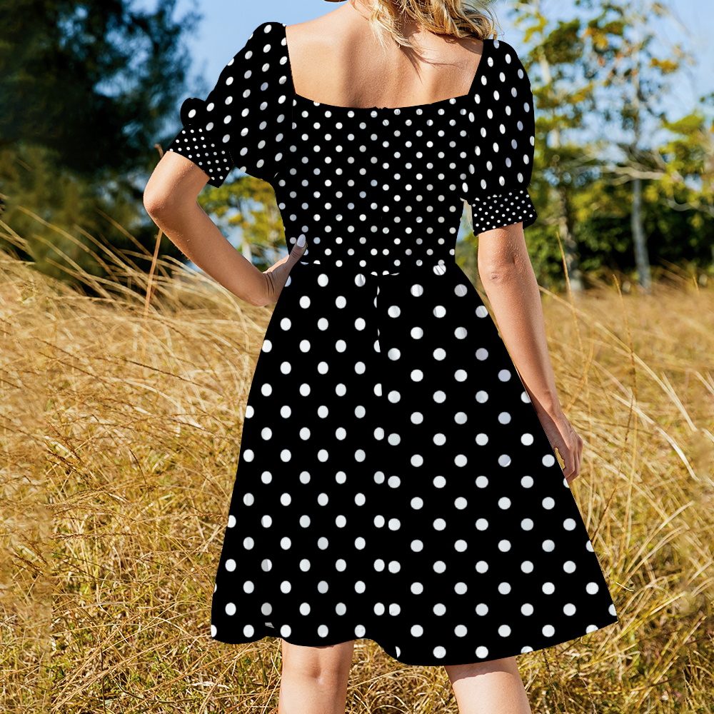 Black With White Polka Dots Women's Short Sleeve V-neck Knee-Length Dress