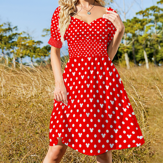 Red With White Mickey Polka Dots Women's Short Sleeve V-neck Knee-Length Dress