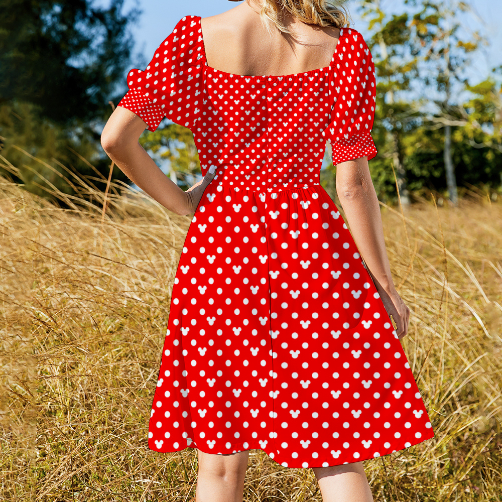 Red With White Mickey Polka Dots Women's Short Sleeve V-neck Knee-Length Dress