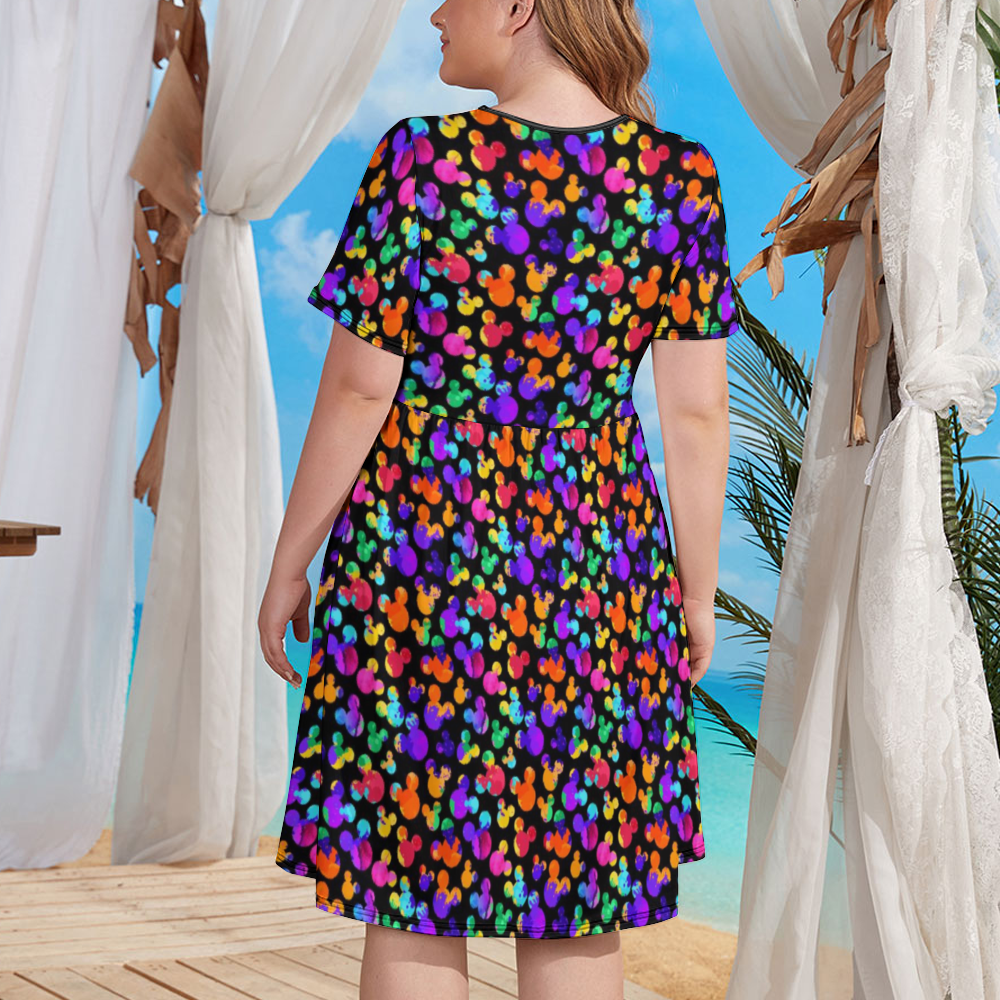 Watercolor Women's Round Neck Plus Size Dress With Pockets