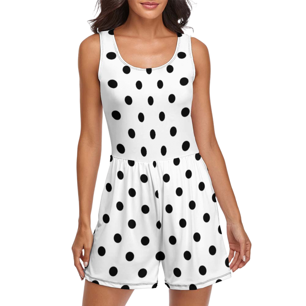 White With Black Polka Dots Women's Sleeveless Jumpsuit Romper With Pockets