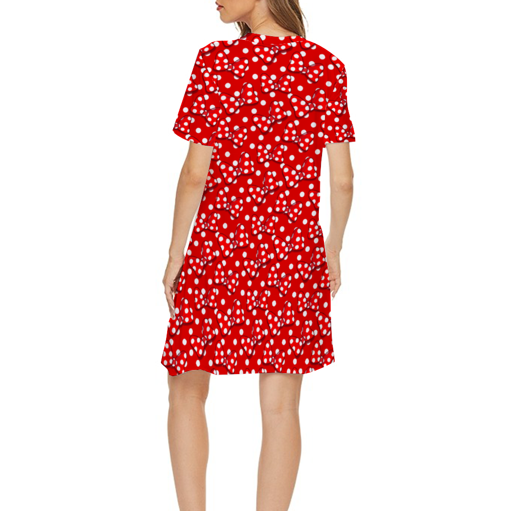 Red With White Polka Dot And Bows Short Sleeved Dress